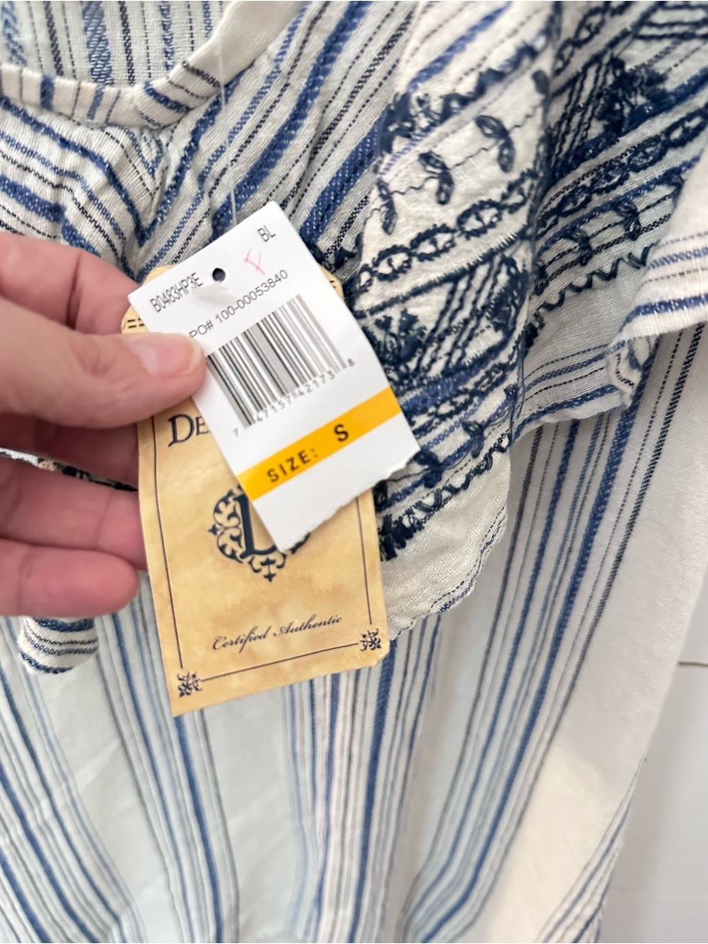 NEW Democracy S blue stripe linen blend off the shoulder top coastal vacation - Picture 6 of 14
